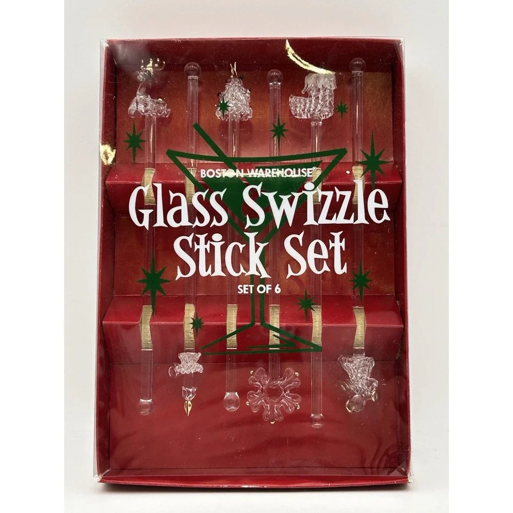 Vintage‎ Christmas Glass Swizzle Sticks Boston Warehouse Set of (6) 2002